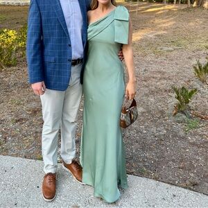 Azazie One-Shoulder Matcha Green Evening Gown